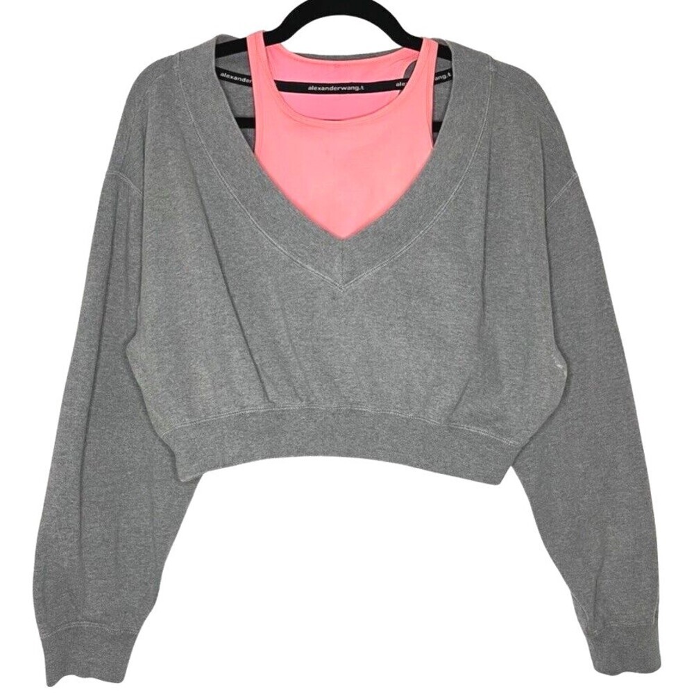 Alexander Wang Womens Sweatshirt Medium Gray Cotton Bi-Layer V-Neck Crop Bra Gym